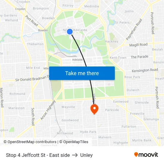 Stop 4 Jeffcott St - East side to Unley map