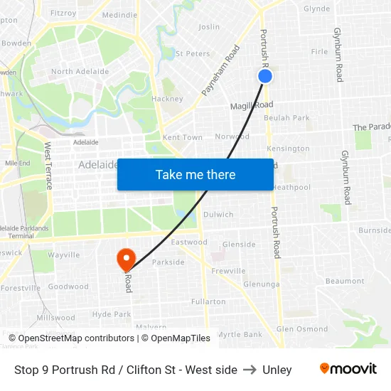 Stop 9 Portrush Rd / Clifton St - West side to Unley map