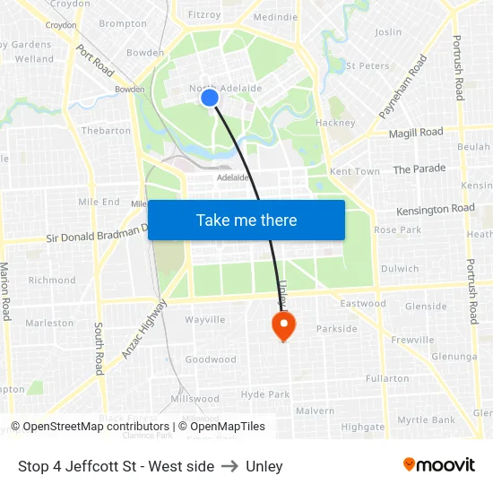 Stop 4 Jeffcott St - West side to Unley map