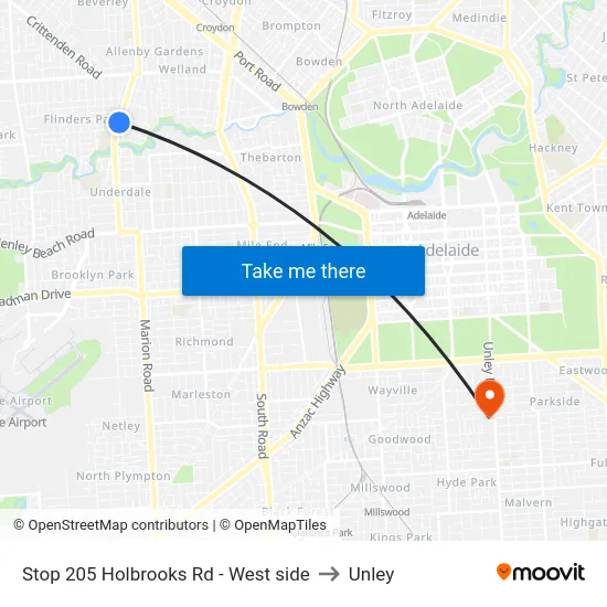 Stop 205 Holbrooks Rd - West side to Unley map
