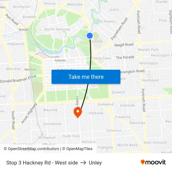 Stop 3 Hackney Rd - West side to Unley map