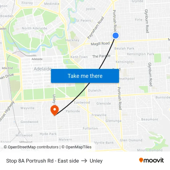 Stop 8A Portrush Rd - East side to Unley map