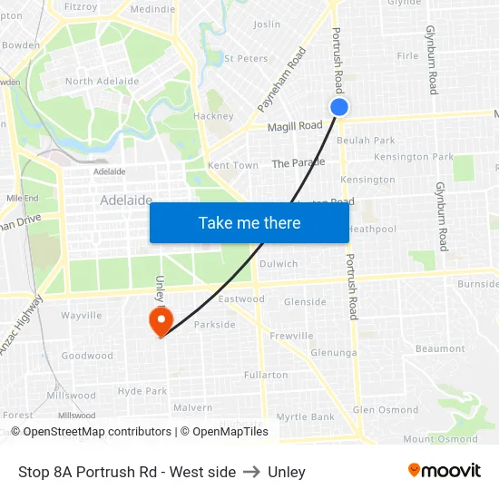 Stop 8A Portrush Rd - West side to Unley map