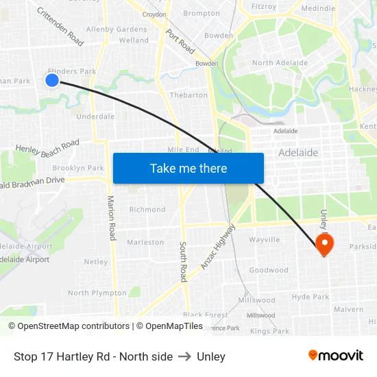 Stop 17 Hartley Rd - North side to Unley map