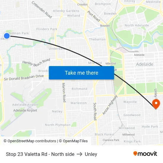 Stop 23 Valetta Rd - North side to Unley map