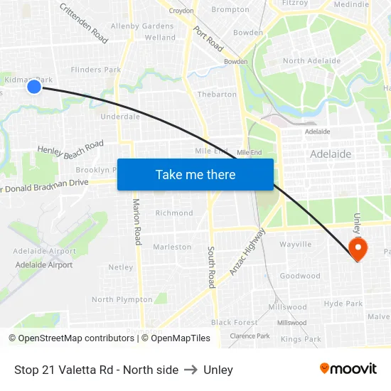 Stop 21 Valetta Rd - North side to Unley map