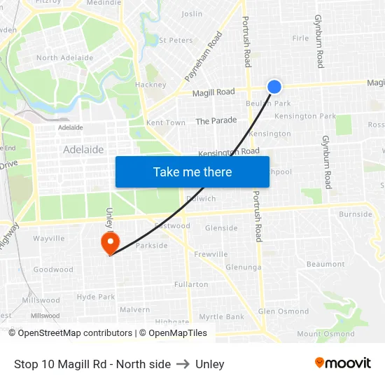 Stop 10 Magill Rd - North side to Unley map