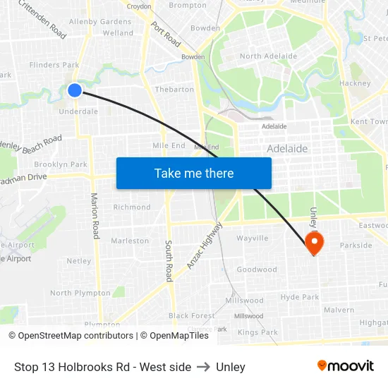 Stop 13 Holbrooks Rd - West side to Unley map