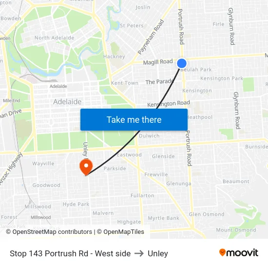 Stop 143 Portrush Rd - West side to Unley map
