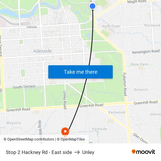 Stop 2 Hackney Rd - East side to Unley map