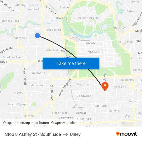 Stop 8 Ashley St - South side to Unley map