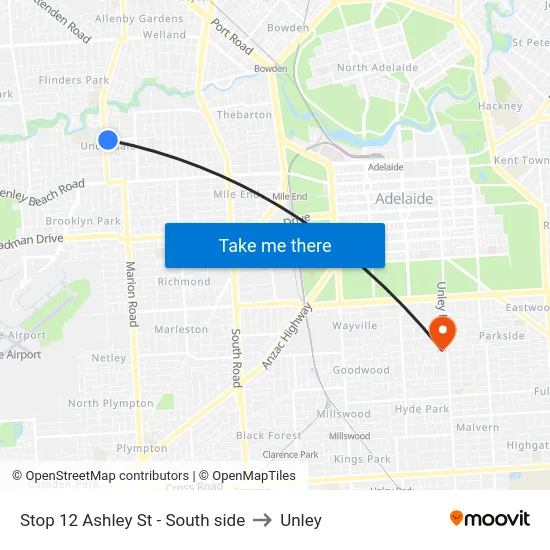 Stop 12 Ashley St - South side to Unley map