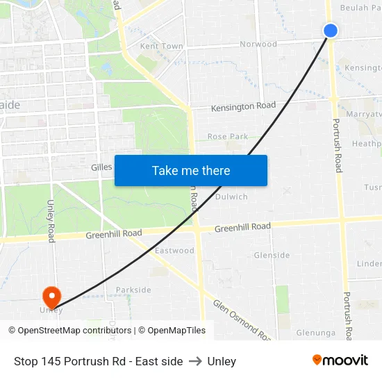 Stop 145 Portrush Rd - East side to Unley map