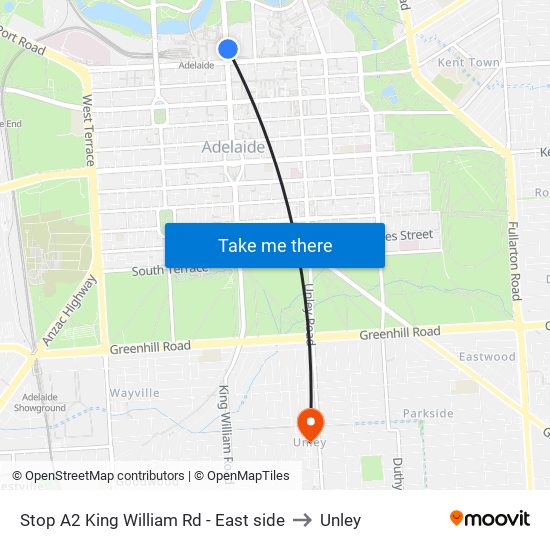 Stop A2 King William Rd - East side to Unley map