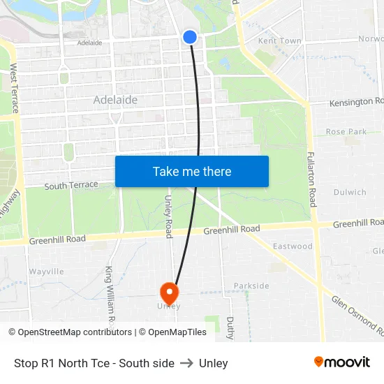 Stop R1 North Tce - South side to Unley map