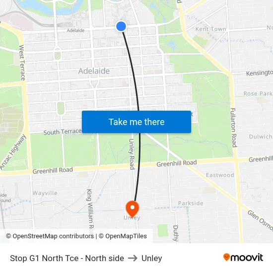 Stop G1 North Tce - North side to Unley map