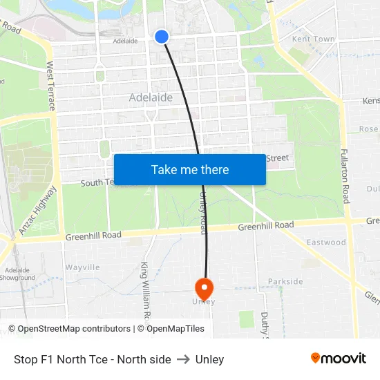 Stop F1 North Tce - North side to Unley map