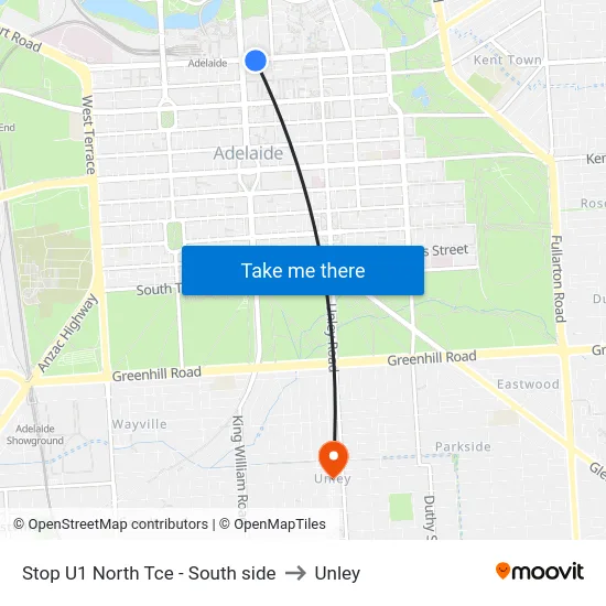 Stop U1 North Tce - South side to Unley map