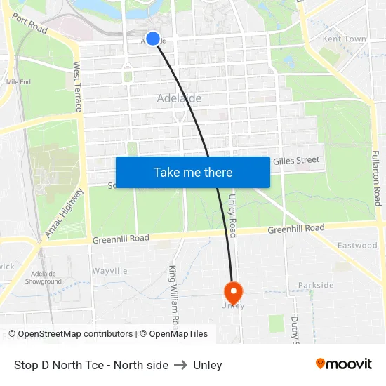 Stop D North Tce - North side to Unley map