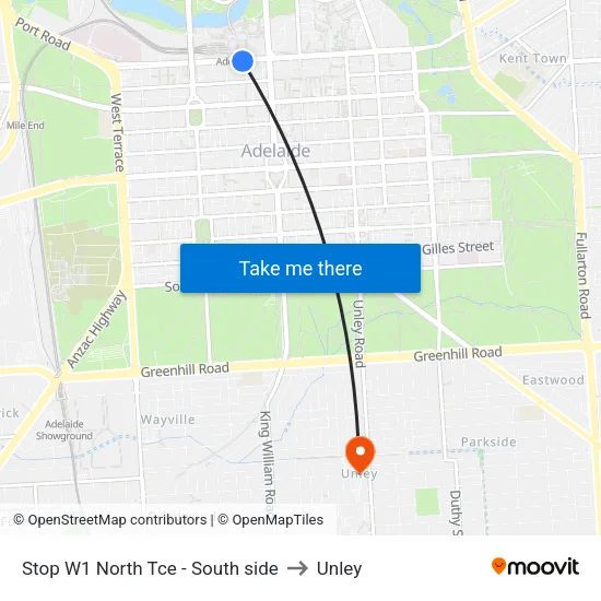 Stop W1 North Tce - South side to Unley map