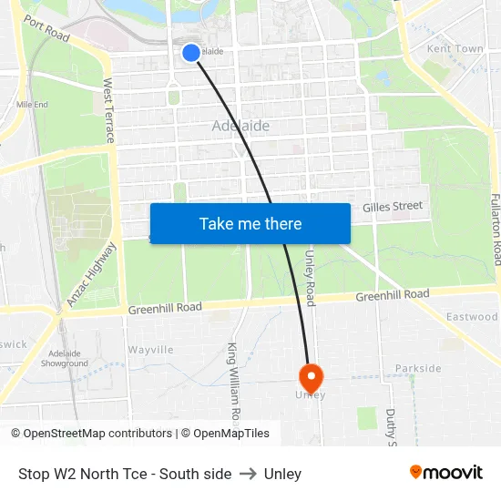 Stop W2 North Tce - South side to Unley map