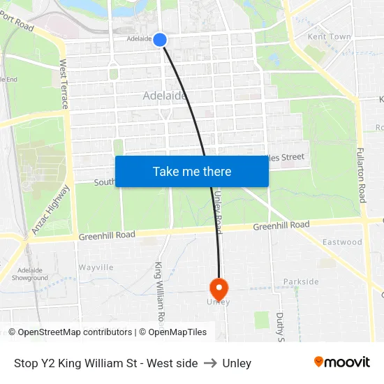 Stop Y2 King William St - West side to Unley map