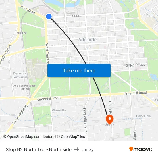 Stop B2 North Tce - North side to Unley map