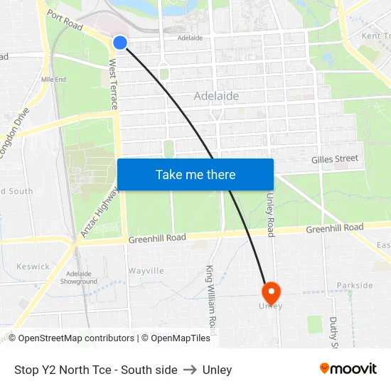 Stop Y2 North Tce - South side to Unley map