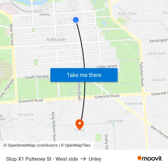 Stop X1 Pulteney St - West side to Unley map