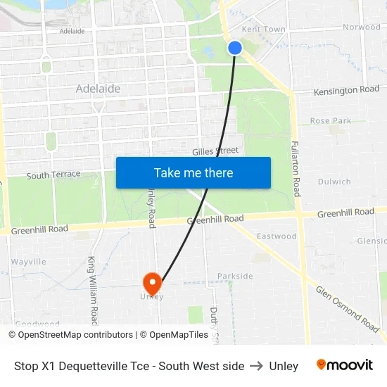 Stop X1 Dequetteville Tce - South West side to Unley map