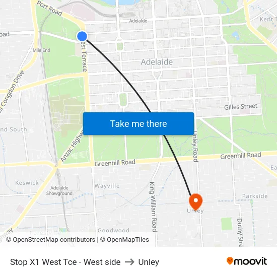 Stop X1 West Tce - West side to Unley map
