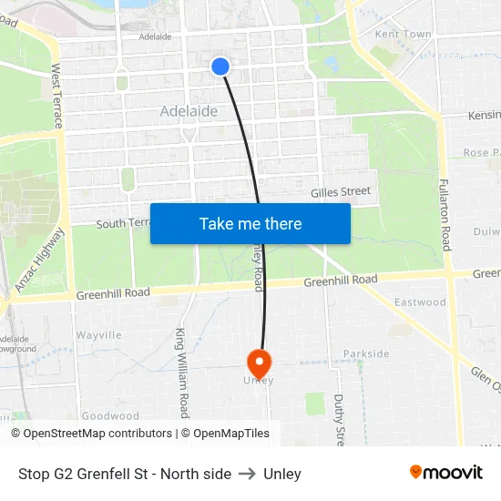 Stop G2 Grenfell St - North side to Unley map