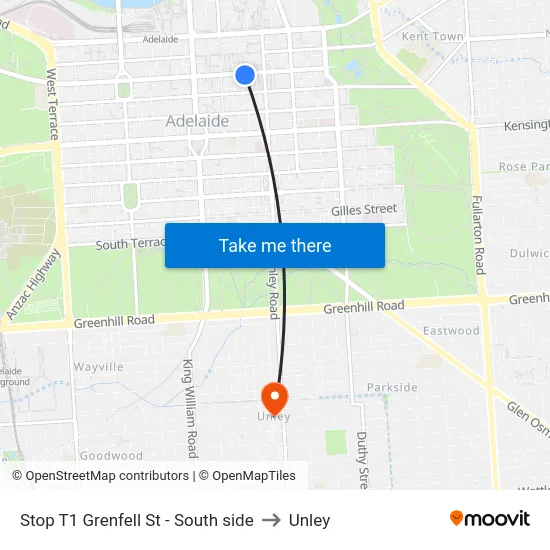 Stop T1 Grenfell St - South side to Unley map