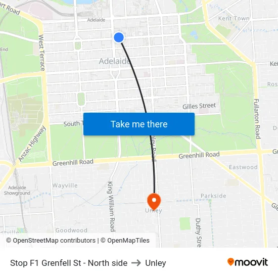 Stop F1 Grenfell St - North side to Unley map