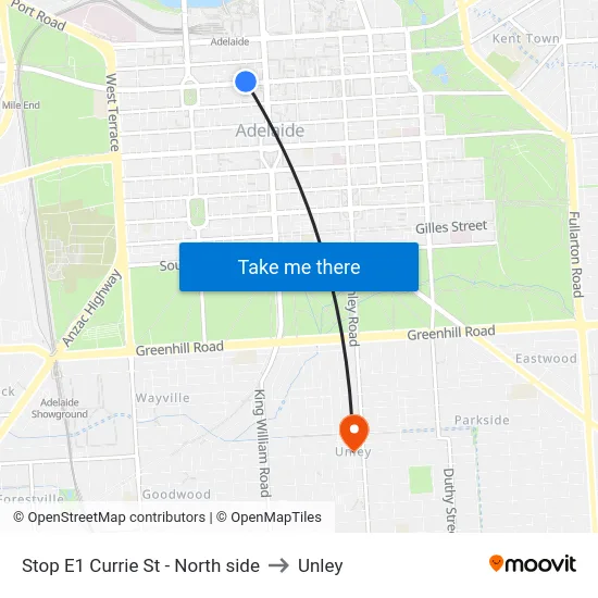 Stop E1 Currie St - North side to Unley map