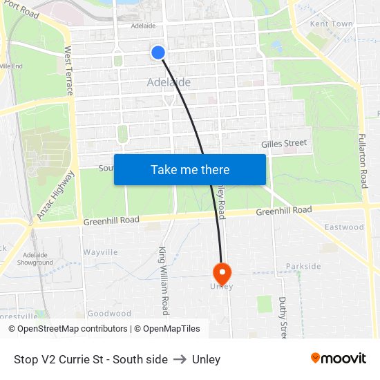 Stop V2 Currie St - South side to Unley map