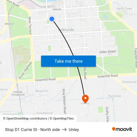 Stop D1 Currie St - North side to Unley map