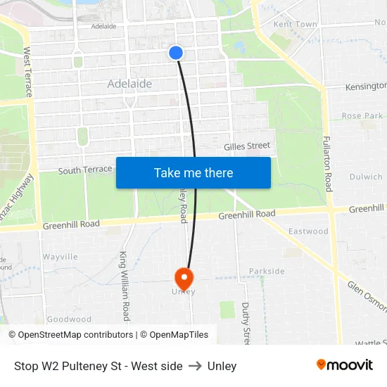 Stop W2 Pulteney St - West side to Unley map
