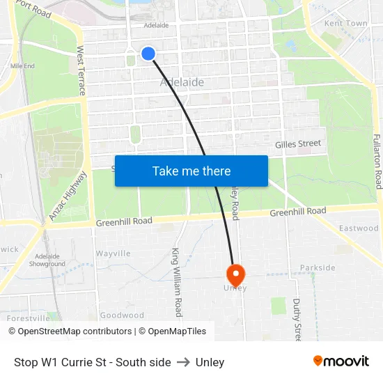 Stop W1 Currie St - South side to Unley map