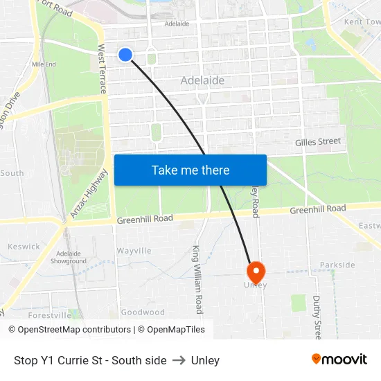 Stop Y1 Currie St - South side to Unley map