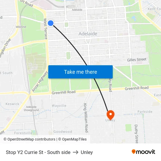 Stop Y2 Currie St - South side to Unley map