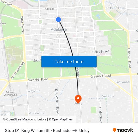 Stop D1 King William St - East side to Unley map