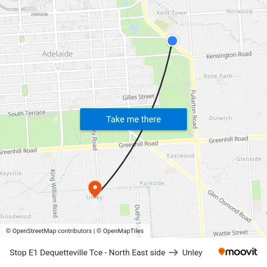 Stop E1 Dequetteville Tce - North East side to Unley map