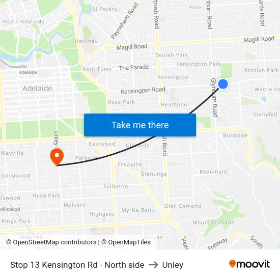 Stop 13 Kensington Rd - North side to Unley map