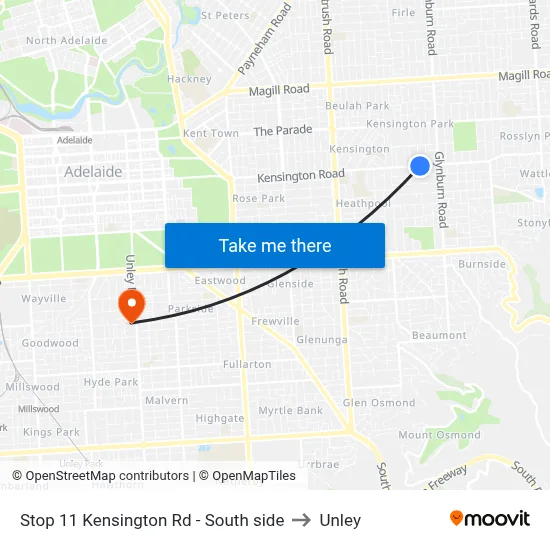 Stop 11 Kensington Rd - South side to Unley map