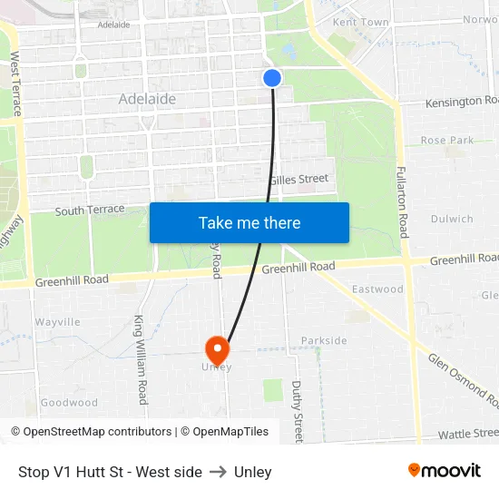 Stop V1 Hutt St - West side to Unley map