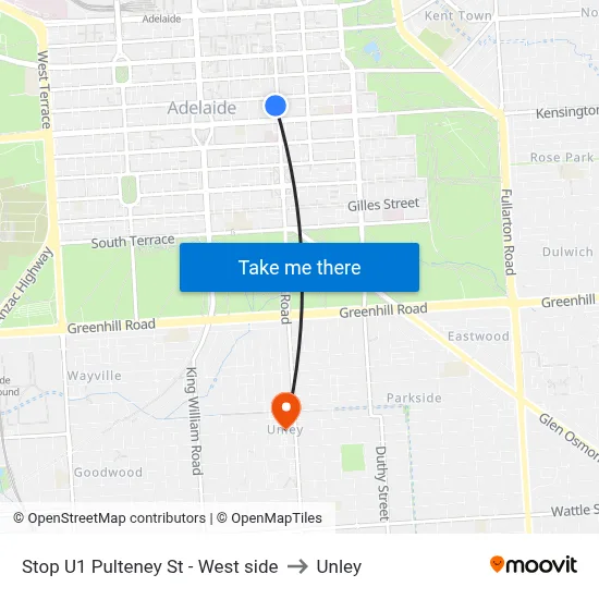 Stop U1 Pulteney St - West side to Unley map