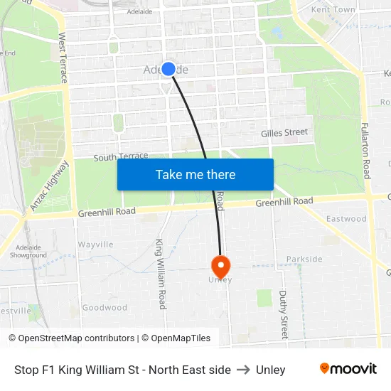 Stop F1 King William St - North East side to Unley map
