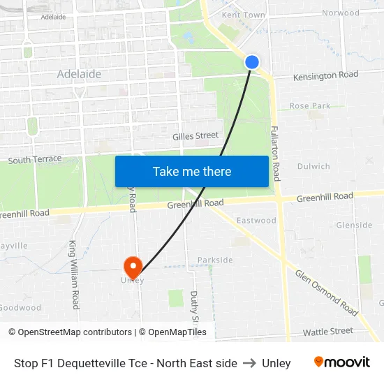 Stop F1 Dequetteville Tce - North East side to Unley map