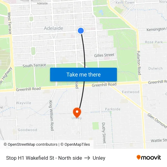 Stop H1 Wakefield St - North side to Unley map